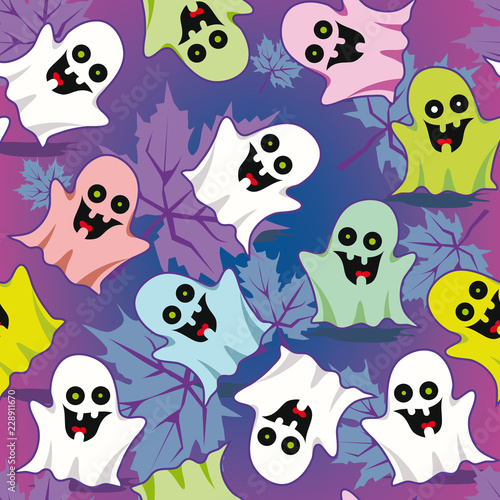 Halloween seamless doodle pattern, the smiling ghosts, texture. Vector illustration.