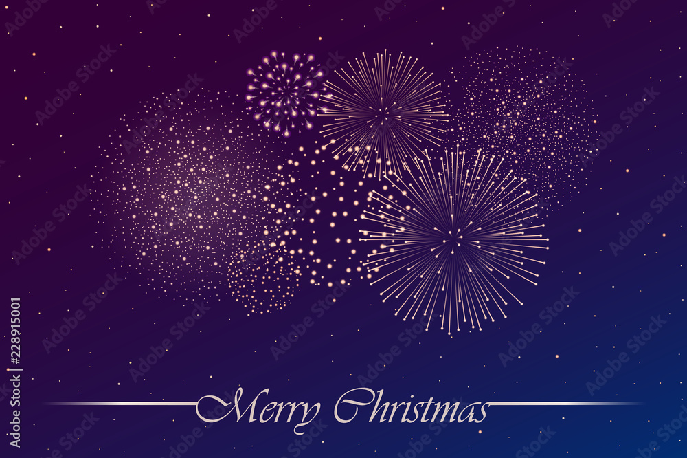 Obraz premium Firework show on blue and violet night sky background. Christmas concept. Congratulations or invitation card background. Vector illustration