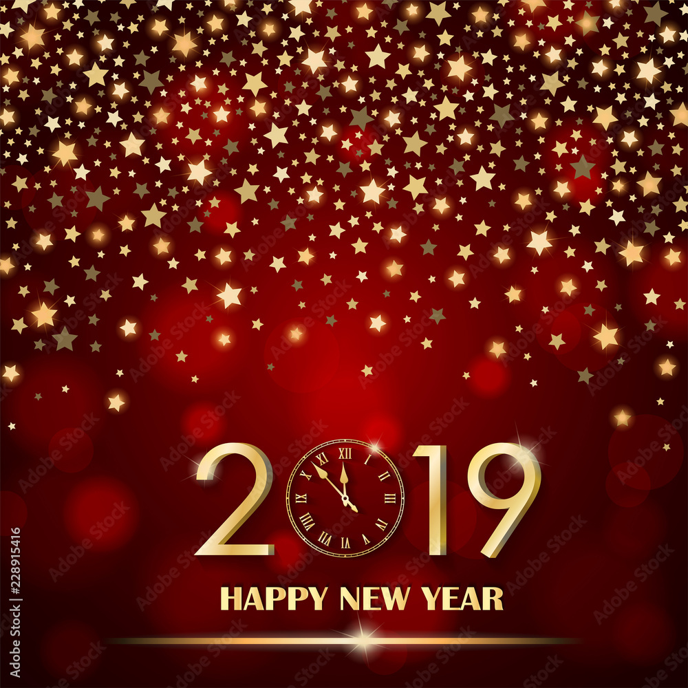 Abstract shining falling stars on red ambient blurred background. New Year 2019 concept. Luxury design. Vector illustration