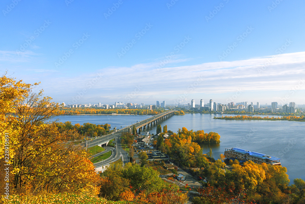 Autumn Kiev landscape Paton bridge cityscape