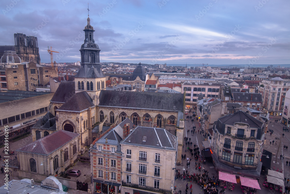Panoramic view on Reims city center from wheel coaster, France