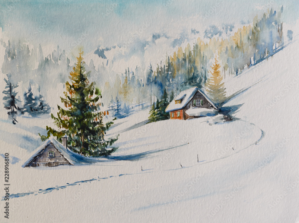Obraz premium Watercolors original painting of winter mountain landscape and houses covered with snow.