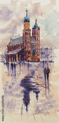 Old town, Kracow, Poland with Miariacki Church in background.Picture created with watercolors. photo