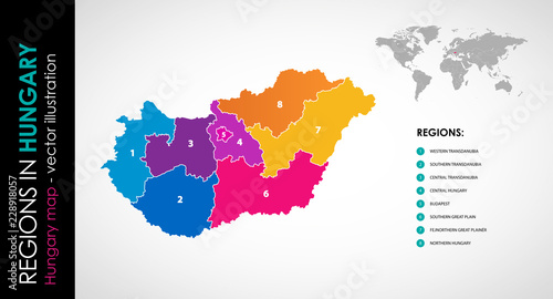 Vector map of Hungary regions rainbow colors 