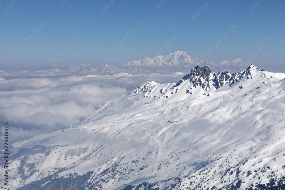 Val Thorens, France - February 27, 2018: Mont blanc viewed from Val Thorens resort