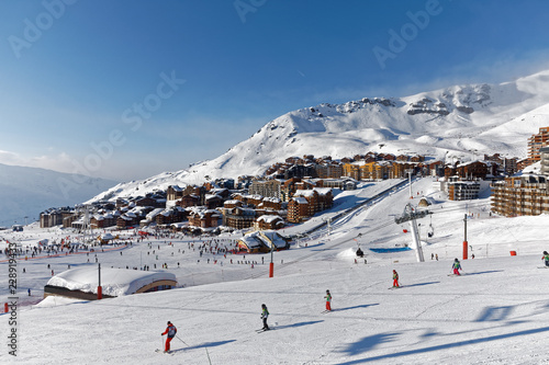 Val Thorens, France - February 27, 2018: Val Thorens is located in the commune of Saint-Martin-de-Belleville in the Savoie département