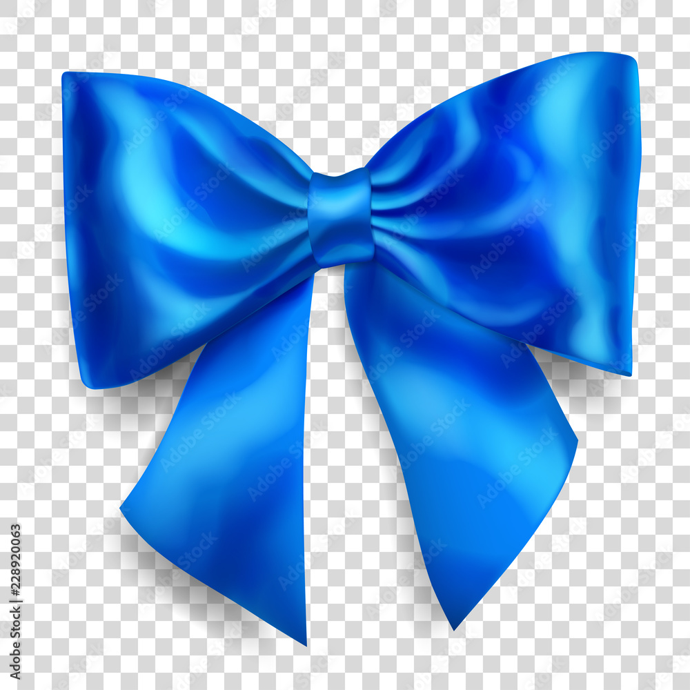 Beautiful big bow made of blue ribbon with shadow on transparent