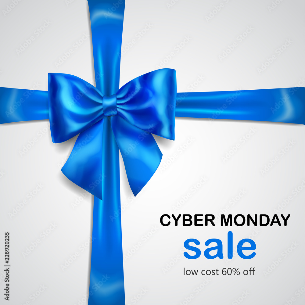 Blue bow with crosswise ribbon with shadow and inscription Cyber Monday Sale on white background Blue bow with crosswise ribbon with shadow and inscription Cyber Monday Sale on white background