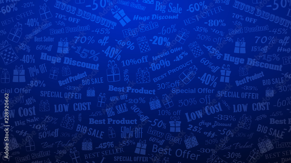 Background on discounts and special offers, made of inscriptions and gift boxes, in blue colors