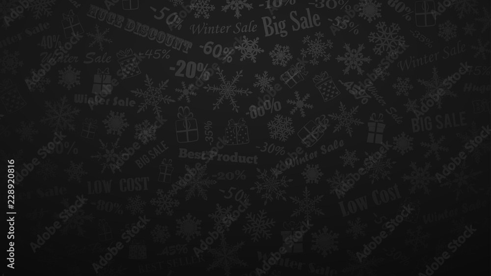 Background on winter discounts and special offers, made of snowflakes, inscriptions and gift boxes, in black and gray colors