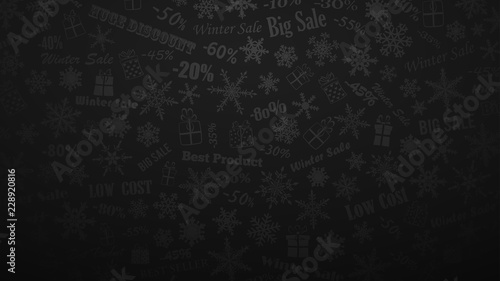 Background on winter discounts and special offers, made of snowflakes, inscriptions and gift boxes, in black and gray colors