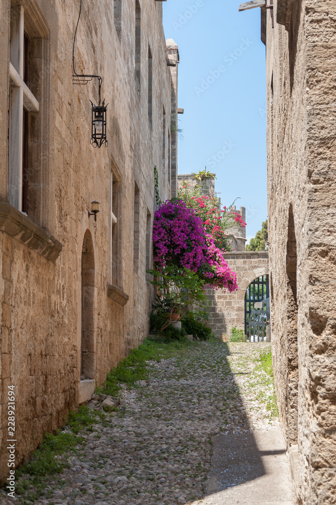 Residential alley and dwellings in old town.  Rhodes, Old Town, Island of Rhodes, Greece, Europe.