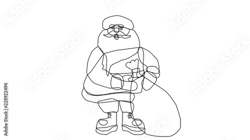 Animated sketch vector drawing doodle Santa Clause with sack of presents drawn in black changes to color illustration