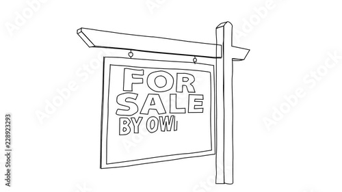 Animated sketch vector drawing doodle real estate for sale by owner lawn sign drawn in black changes to color illustration