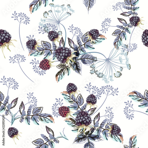 Beautiful vector flower pattern with watercolor berries