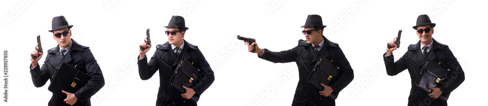 Man spy with handgun isolated on white background Man spy with handgun isolated on white background