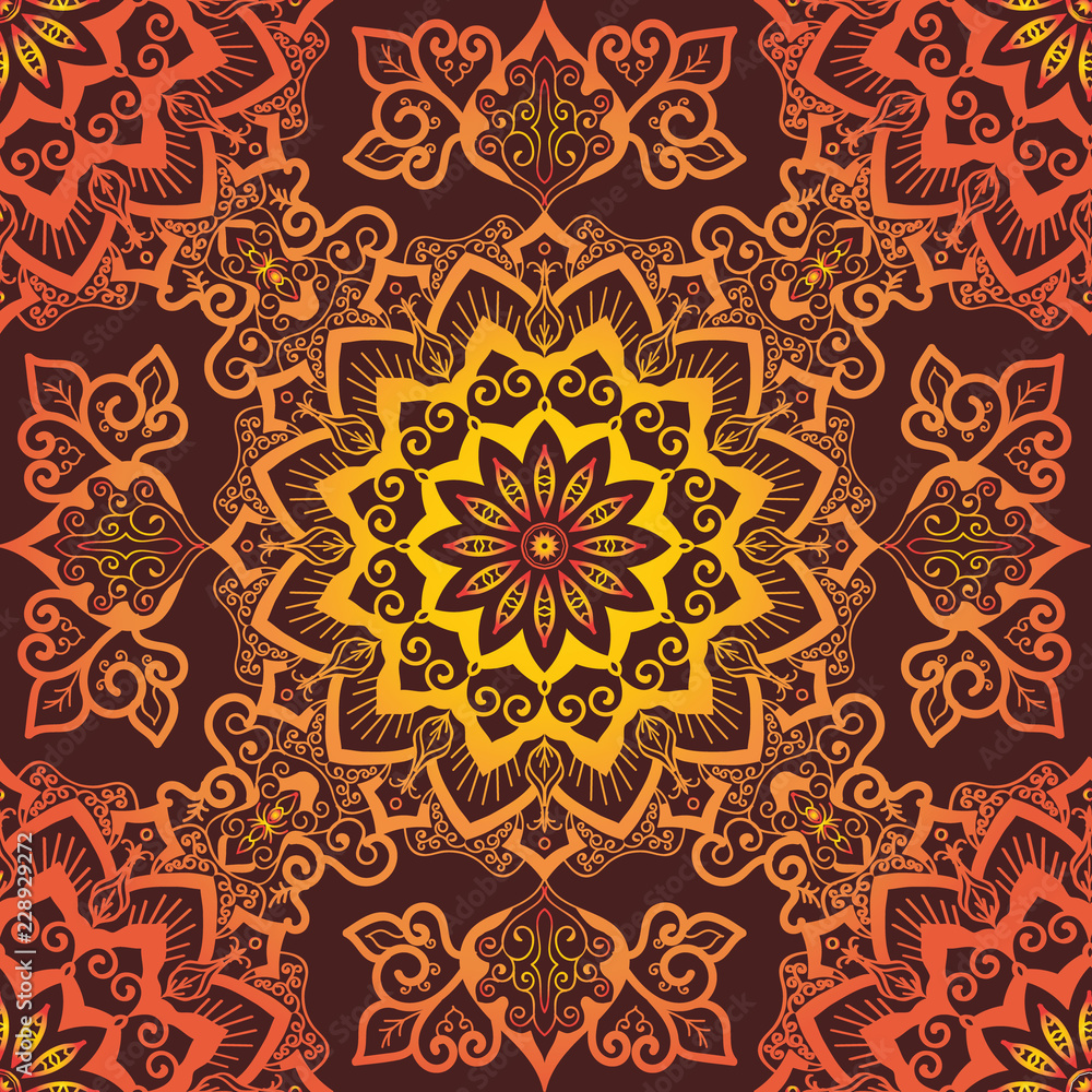 Orange Mandala Pattern. Decorative round ornament on red background. Hand drawn round geometry ornament. Islam, Arabic, Indian style