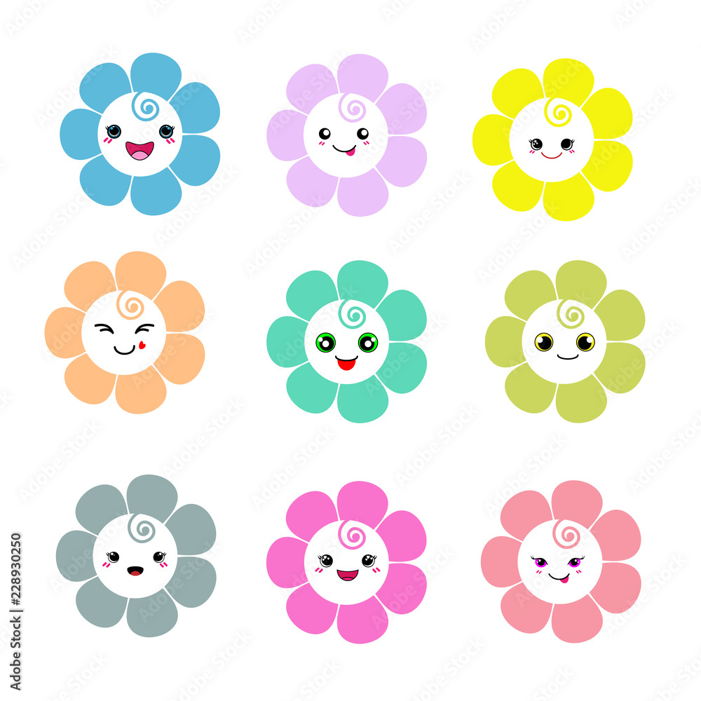 cute flowers with smiley face on white background Stock Vector | Adobe Stock