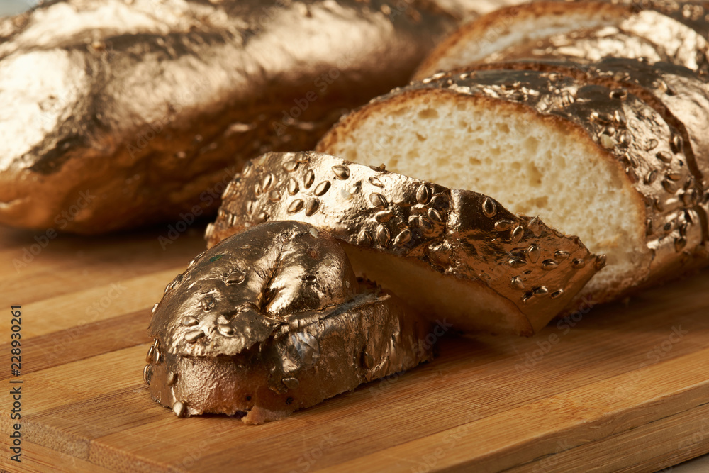 Macro of golden baguette bread