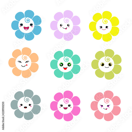 cute flowers with smiley face on white background