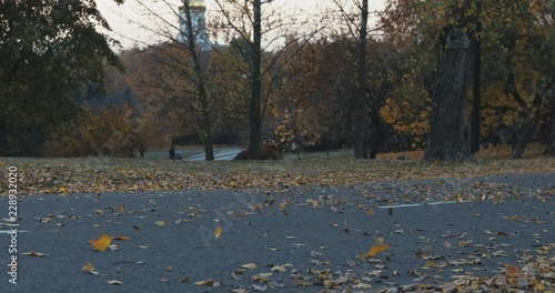 Motorcyclist biker riding a classic caferacer motorcycle on an empty road in park. Yellow autumn foliage is scattered in different directions. 4K video shooting by handheld gimbal