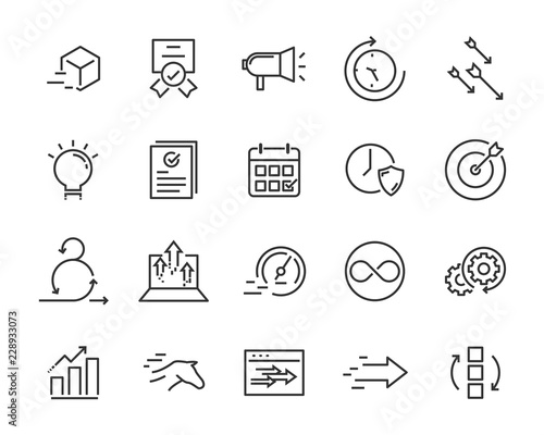 simple set of vector line icons, contain such lcon as speed, agile, boost, process, time and more