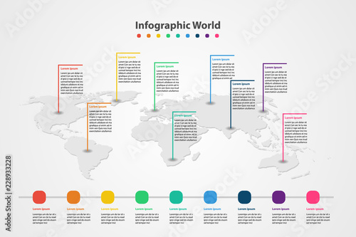 infographic country world map, international world flags, continents background