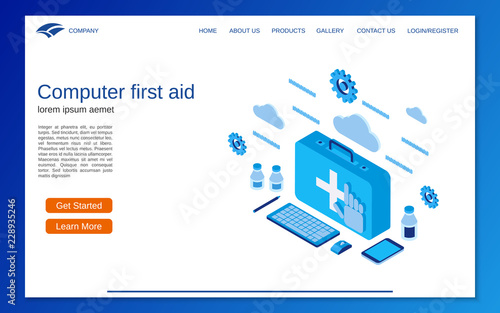 Computer service, repair, technical support, first aid flat 3d isometric vector concept illustration. Website landing page vector template