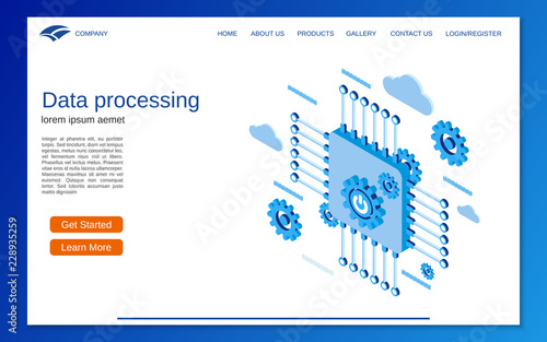 Data processing, cloud computing flat 3d isometric concept illustration. Website landing page vector template