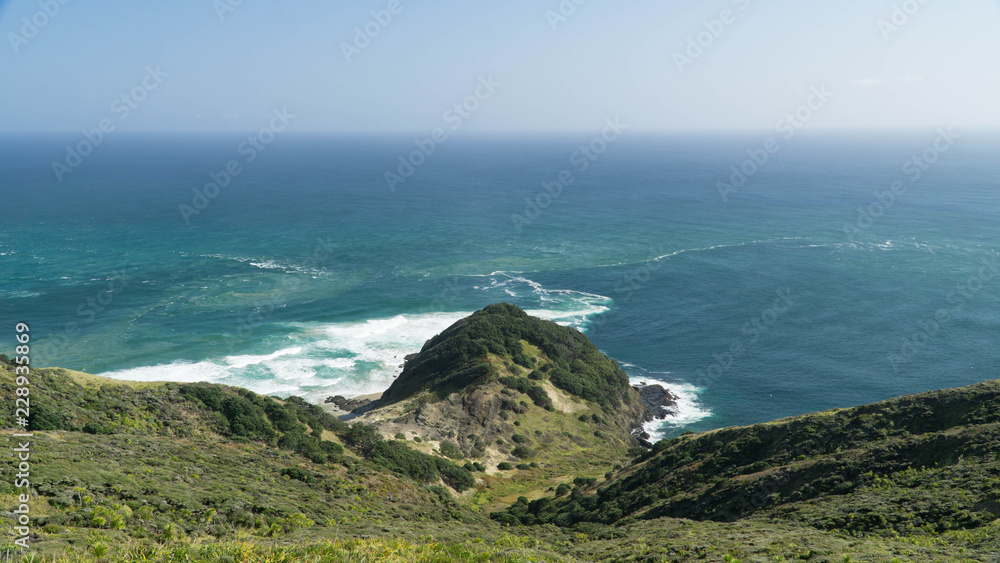 The meeting of two bodies of water - the Tasman Sea and the Pacific Ocean, New Zealand The meeting of two bodies of water - the Tasman Sea and the Pacific Ocean, New Zealand