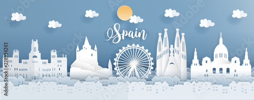 Travel postcard or poster with world famous landmark of Spain, paper cut style vector illustration