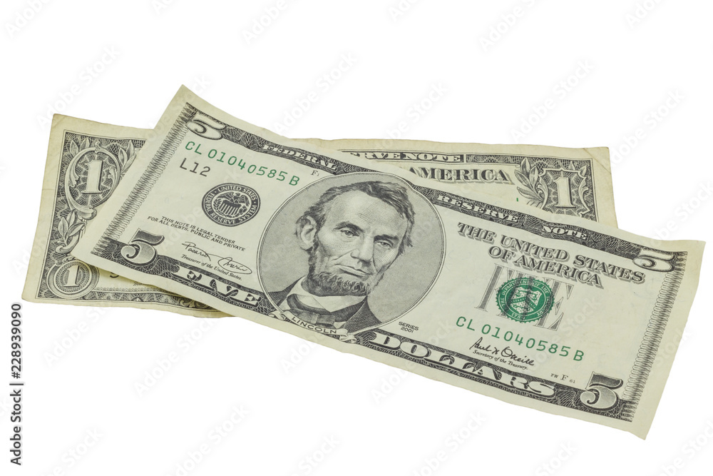 American dollar bills isolated on white background - One and Five Dollar Bills American dollar bills isolated on white background - One and Five Dollar Bills
