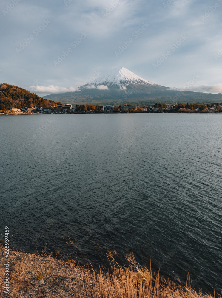 Mount fuji san at Lake kawaguchiko in japan on sunrise.
