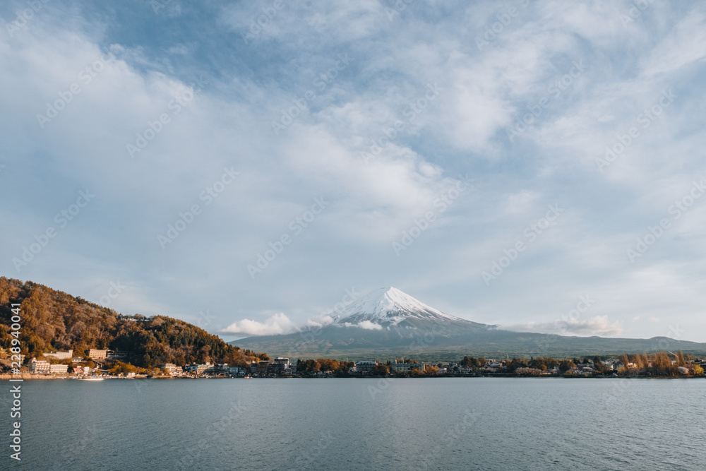 Mount fuji san at Lake kawaguchiko in japan on sunrise. 