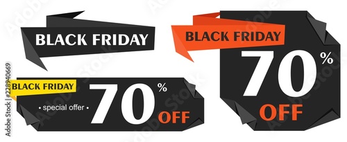 Black Friday advertising price tags set. Origami-style paper with a designation of a seat in a special promotional offer. Vector illustration for marketing and advertising for stores and websites.
