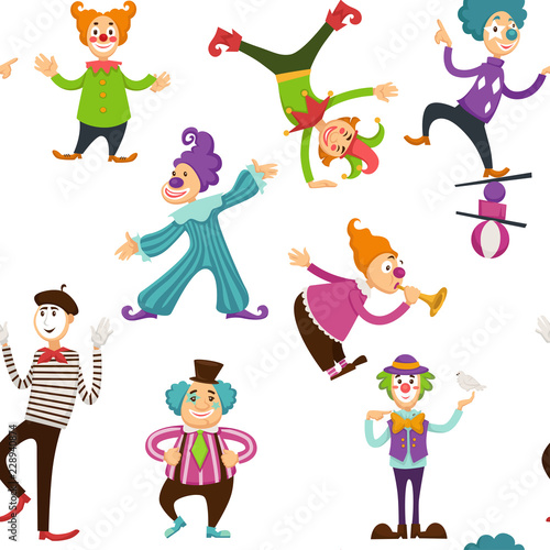 Clown and mime entertaining people seamless pattern vector.