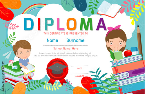 Certificates kindergarten and elementary, Preschool Kids Diploma certificate background design template, Diploma template for kindergarten students, Certificate of kids diploma, vector illustration