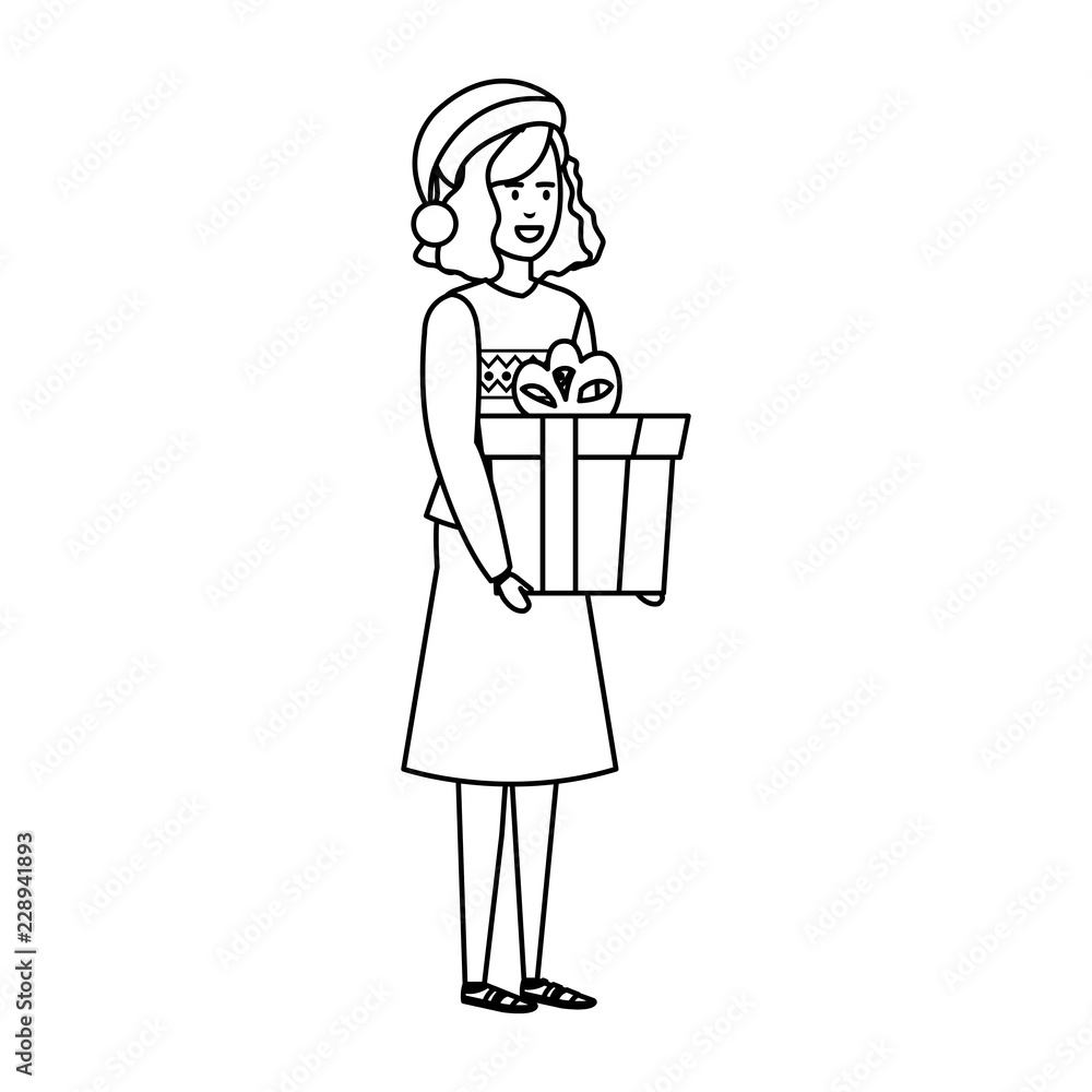 woman with christmas clothes and gift woman with christmas clothes and gift