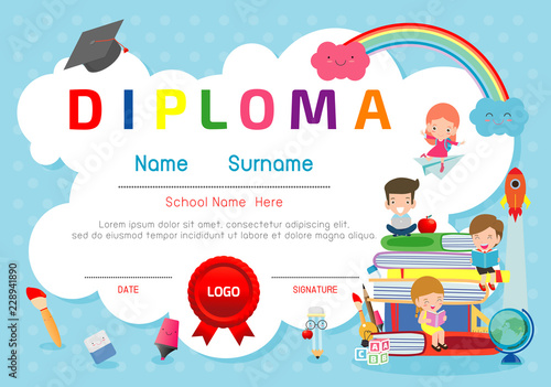 Certificates kindergarten and elementary, Preschool Kids Diploma certificate pattern design template, Diploma template for kindergarten students, Certificate of kids diploma, vector illustration