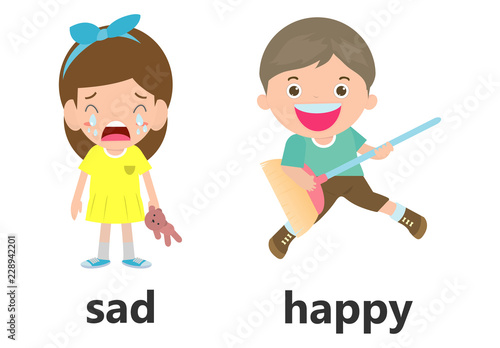 Opposite words sad and happy vector illustration, Opposite English Words sad and happy vector illustration on white background