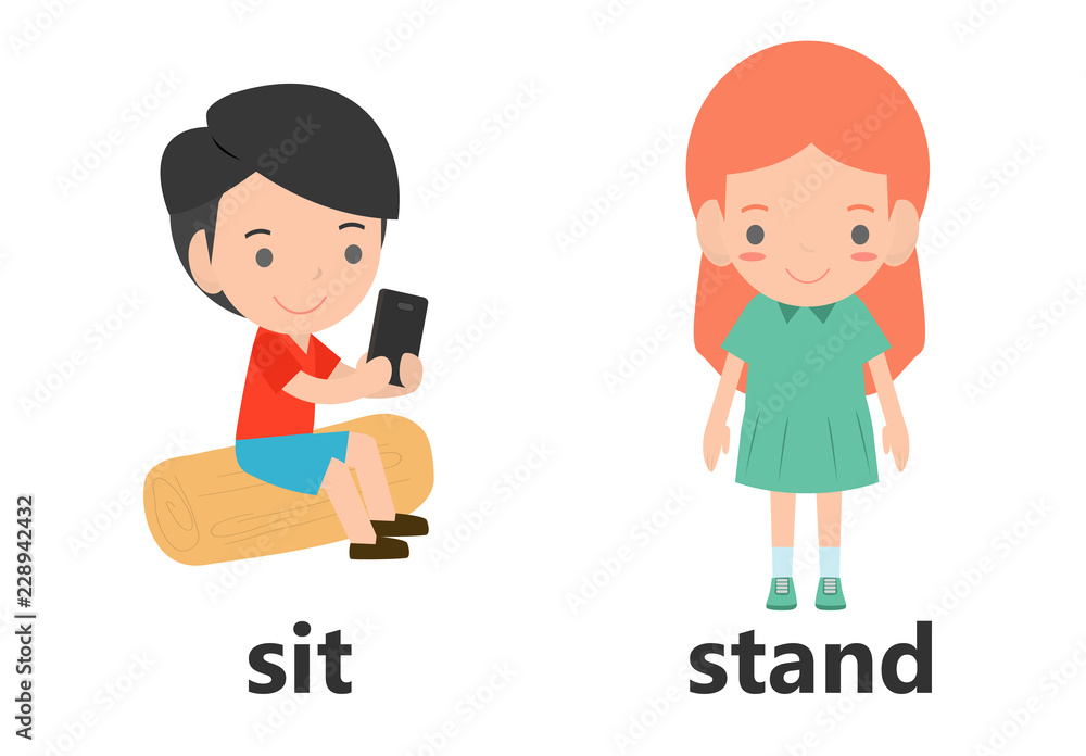 Opposite words sit and stand vector illustration, Opposite English Words sit  and stand vector illustration on white background. Stock Vector