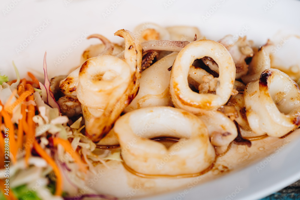 Sun dried calamari or fried squid with chilli sauce (seafood sauce). Thailand Food Style on the white plat Sun dried calamari or fried squid with chilli sauce (seafood sauce). Thailand Food Style on the white plat
