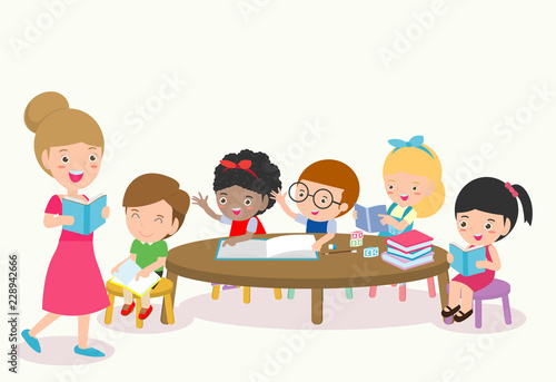 Teacher and school kids in classroom at lesson, Pupils study in the classroom, children with Teacher in classroom, vector illustration