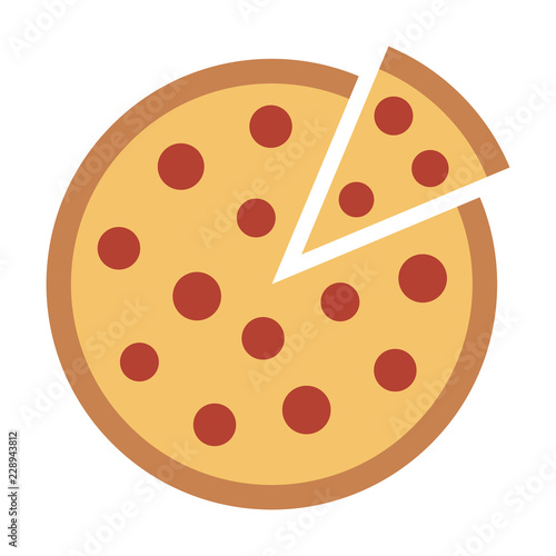 Whole pepperoni pizza pie with loose slice flat vector color icon for food apps and websites