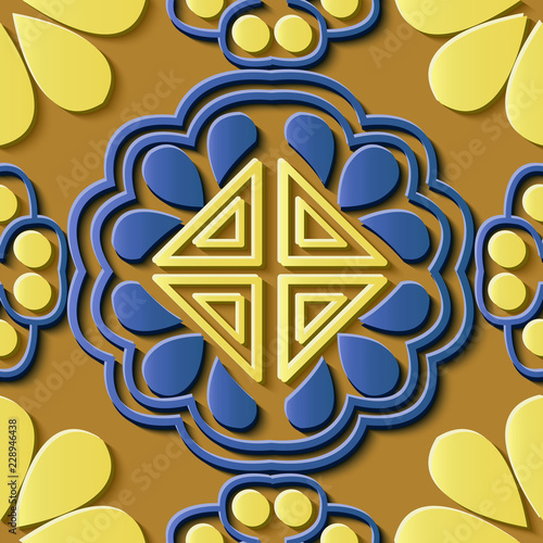 Seamless relief sculpture decoration retro pattern oriental Chinese yellow round cross flower frame kaleidoscope