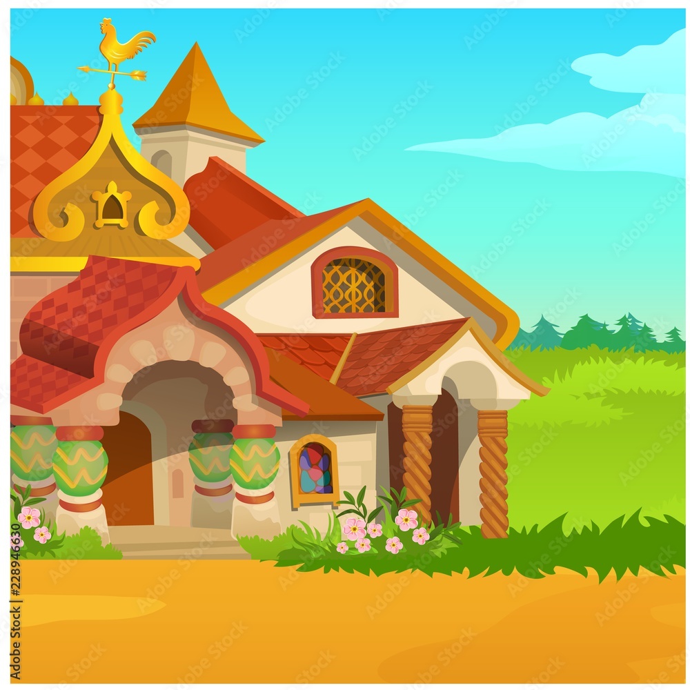 Poster with a fabulous Royal wooden house in a field with green grass and blue sky. Vector cartoon close-up illustration.
