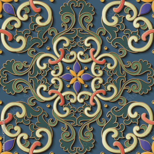 Seamless relief sculpture decoration retro pattern oriental spiral curve cross flower kaleidoscope