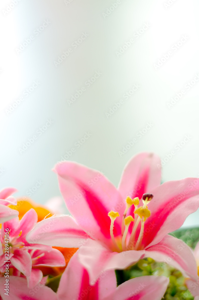 Beautiful artificial flowers on wooden background