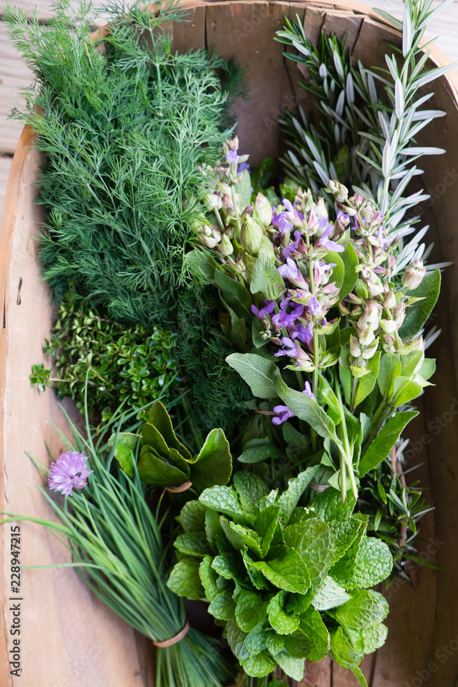 Fresh picked herbs from kitchen garden: chives, mint, thyme, rosemary, dill, sage with edible purple flowers