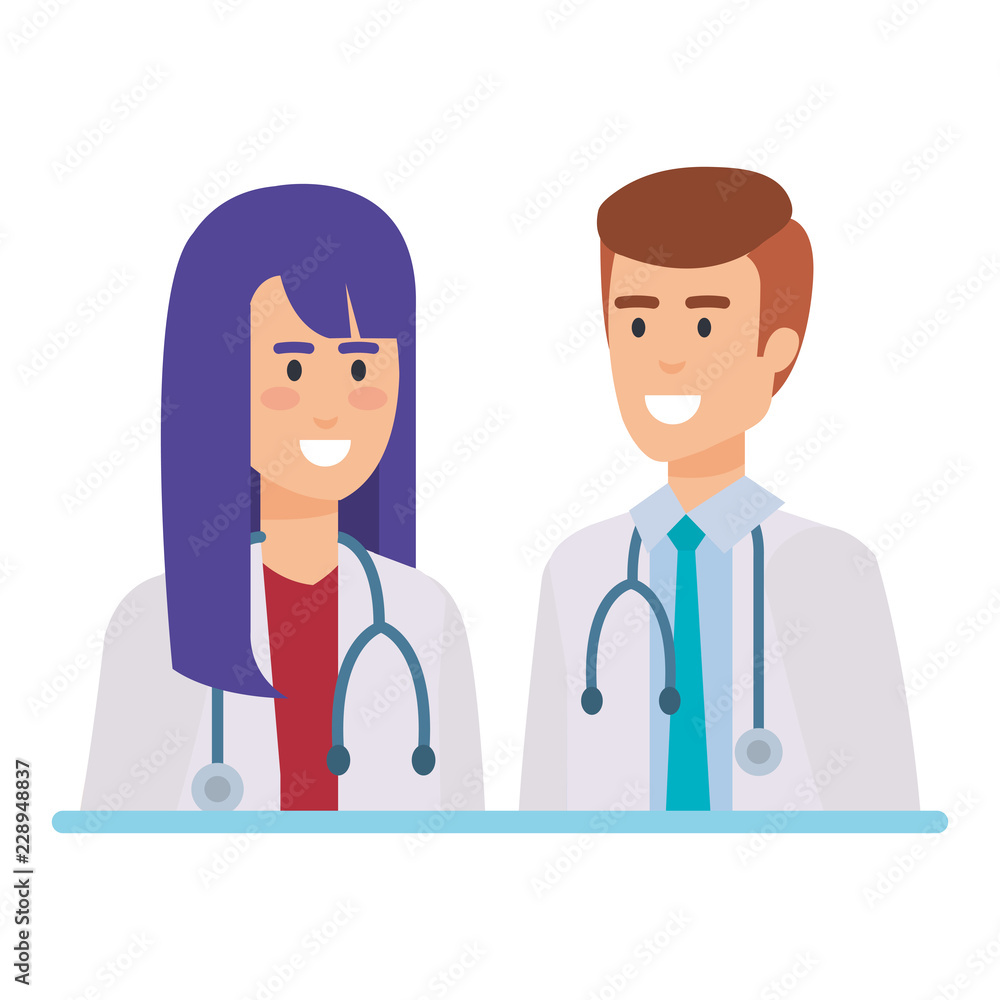doctors couple with stethoscopes characters